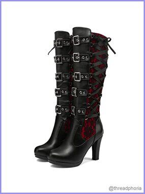 Women Lace Up Knee High Boots Buckle Block Heel Goth Punk Shoes